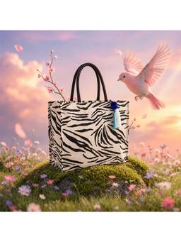 Earth Bags - Zebra Print Cotton Canvas Shopper Tote Bag With Padded Handles And Tassel