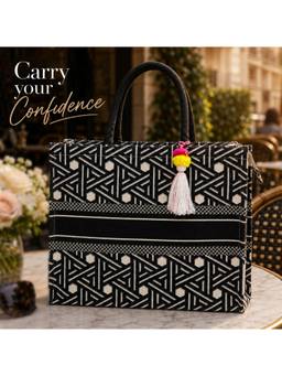 Earth Bags - Black And White Geometric Print Canvas Shopper Tote Bag