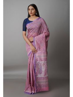 Unnati Silks - Pink Block Printed Sico Saree with Unstitched Blouse