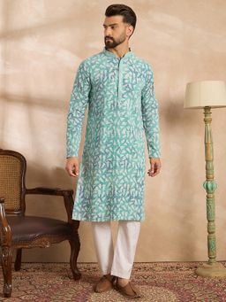 ETHNIC BAY - Men Viscose Rayon Teal Embroidered Kurta