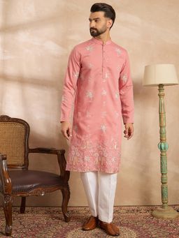 ETHNIC BAY - Men Cotton Pink Embroidered Kurta