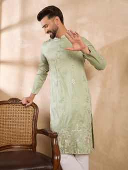 ETHNIC BAY - Men Silk Blend Olive Embroidered Kurta