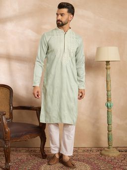 ETHNIC BAY - Men Silk Blend Green Button Fly Embroidered Kurta