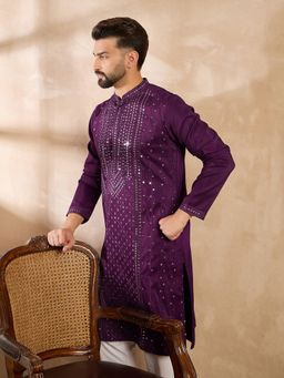 ETHNIC BAY - Men Silk Blend Purple Embellished Kurta