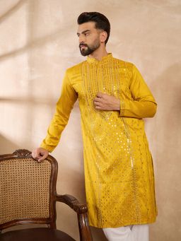 ETHNIC BAY - Men Silk Blend Yellow Embellished Kurta