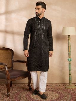 ETHNIC BAY - Men Silk Blend Black Embellished Kurta