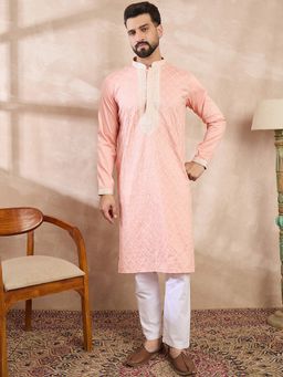 ETHNIC BAY - Men Silk Blend Embroidered Pink Kurta