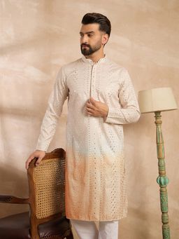 ETHNIC BAY - Men Silk Blend Embroidered Peach Kurta