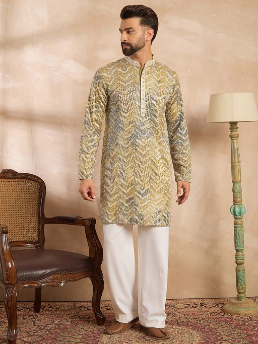 ETHNIC BAY Men Silk Blend Embroidered Yellow Kurta