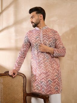 ETHNIC BAY - Men Silk Blend Orange Embroidered Kurta