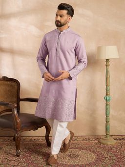 ETHNIC BAY - Men Silk Blend Embroidered Lavender Kurta