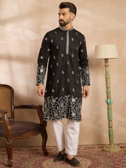 ETHNIC BAY - Men Silk Blend Black Embroidered Kurta