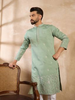 ETHNIC BAY - Men Silk Blend Green Embroidered Kurta