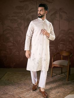 ETHNIC BAY - Men Silk Blend White Embroidered Kurta