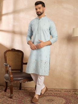 ETHNIC BAY - Men Silk Blend Blue Full Sleeves Embroidered Kurta