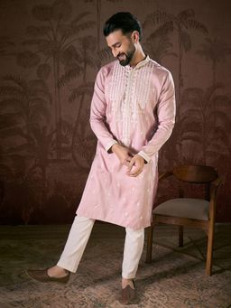 ETHNIC BAY - Men Silk Blend Pink Embroidered Kurta
