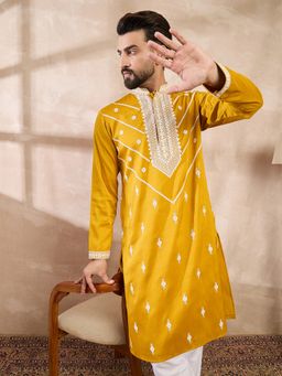 ETHNIC BAY - Men Silk Blend Yellow Embroidered Kurta