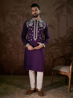 ETHNIC BAY - Men Silk Blend Full Sleeves Purple Embroidered Kurta