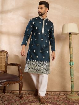 ETHNIC BAY - Men Polyester Navy Blue Embroidered Kurta