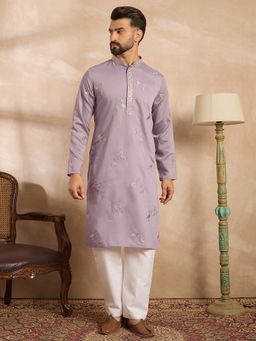 ETHNIC BAY - Men Silk Blend Lavender Embroidered Kurta