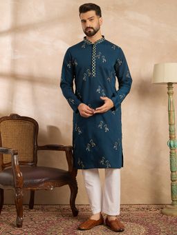 ETHNIC BAY - Men Silk Blend Navy Blue Embroidered Kurta