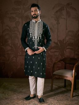 ETHNIC BAY - Men Silk Blend Embroidered Black Kurta