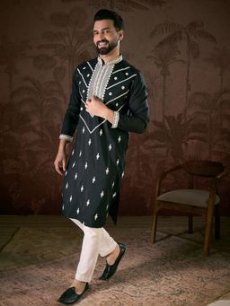 ETHNIC BAY - Men Silk Blend Black Embroidered Kurta