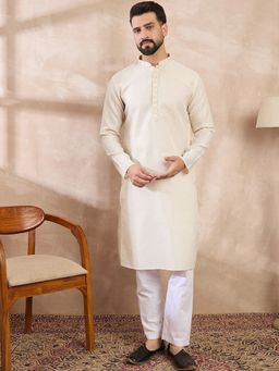 ETHNIC BAY - Men Silk Blend Off White Self Design Kurta