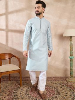 ETHNIC BAY - Men Silk Blend Blue Self Design Kurta