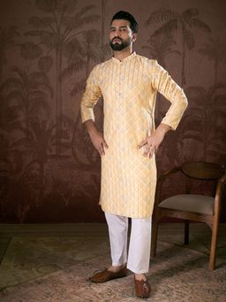 ETHNIC BAY - Men Silk Blend Cream Printed Kurta