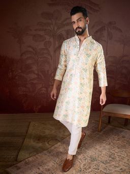 ETHNIC BAY - Men Silk Blend Off White Floral Kurta