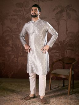 ETHNIC BAY - Men Silk Blend Grey Floral Kurta