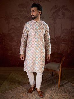 ETHNIC BAY - Men Silk Blend White Printed Kurta