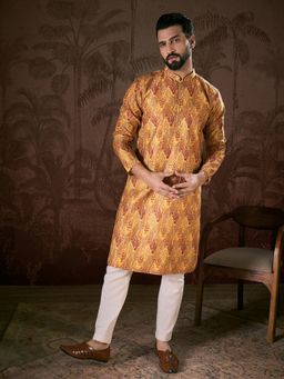 ETHNIC BAY - Men Silk Blend Mustard Printed Kurta