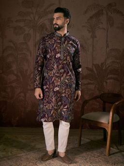 ETHNIC BAY - Men Silk Blend Purple Floral Kurta
