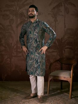 ETHNIC BAY - Men Silk Blend Navy Blue Abstract Kurta