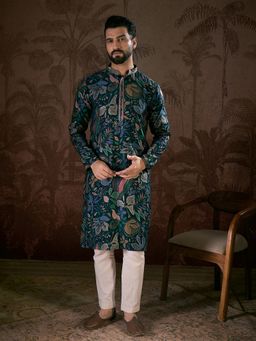 ETHNIC BAY - Men Silk Blend Blue Floral Kurta