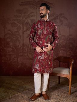 ETHNIC BAY - Men Silk Blend Maroon Floral Kurta