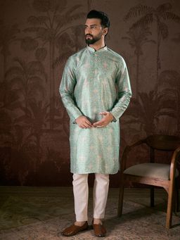 ETHNIC BAY - Men Silk Blend Turquoise Abstract Kurta