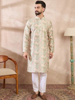 ETHNIC BAY - Men Silk Blend Green Floral Kurta