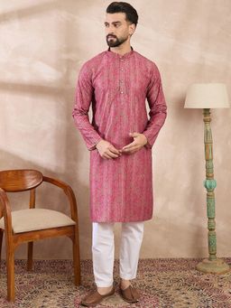 ETHNIC BAY - Men Silk Blend Pink Floral Kurta
