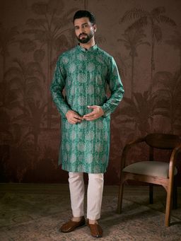 ETHNIC BAY - Men Silk Blend Teal Floral Kurta