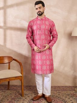 ETHNIC BAY - Men Silk Blend Pink Floral Kurta