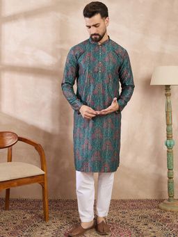ETHNIC BAY - Men Silk Blend Blue Floral Kurta