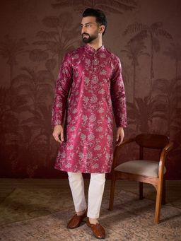 ETHNIC BAY - Men Silk Blend Red Floral Kurta
