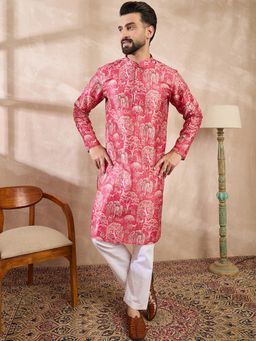 ETHNIC BAY - Men Silk Blend Printed Pink Kurta