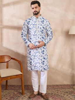 ETHNIC BAY - Men Silk Blend Blue Embroidered Kurta