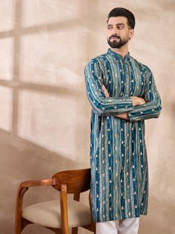 ETHNIC BAY - Men Silk Blend Turquoise Abstract Kurta