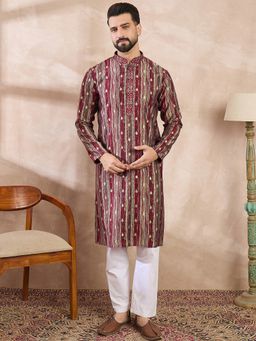 ETHNIC BAY - Men Silk Blend Maroon Abstract Kurta