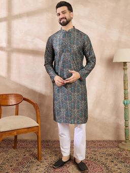 ETHNIC BAY - Men Silk Blend Black Floral Kurta